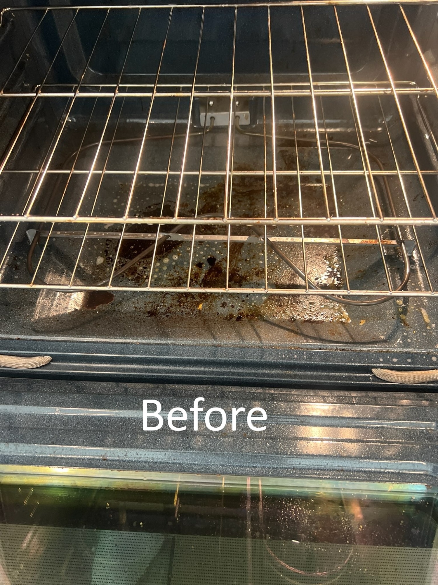 Dirty oven with baked on grease and residue before professional move out cleaning in Wesley Chapel FL