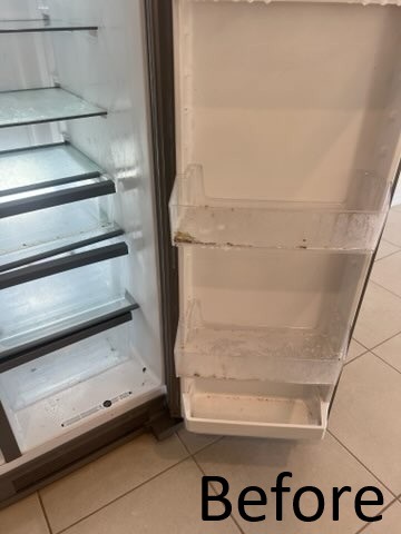 Dirty refrigerator interior with spills and food residue before professional move out cleaning in Wesley Chapel FL