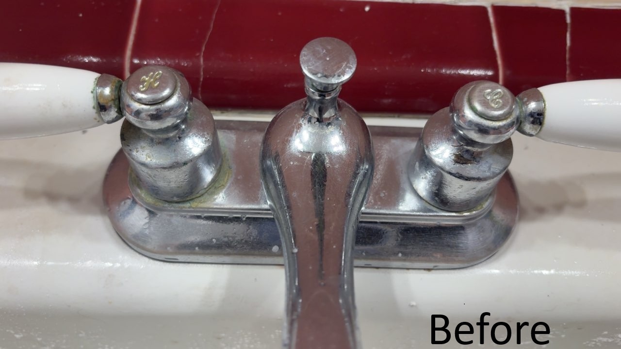 Water-spotted and soap-scum covered bathroom faucet before house cleaning in Tampa
