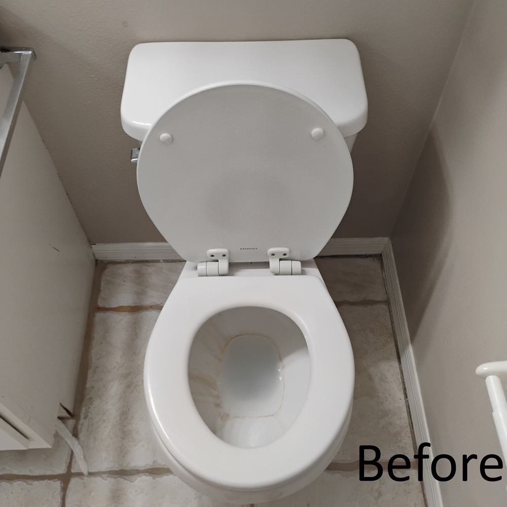 Toilet with hard water stains prior to move out cleaning service