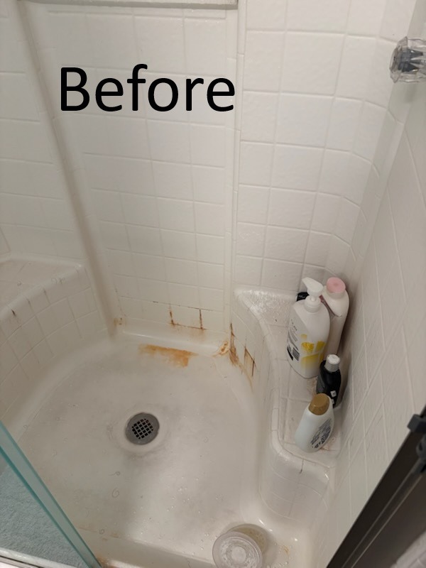 Dirty shower in a Tampa apartment before professional cleaning